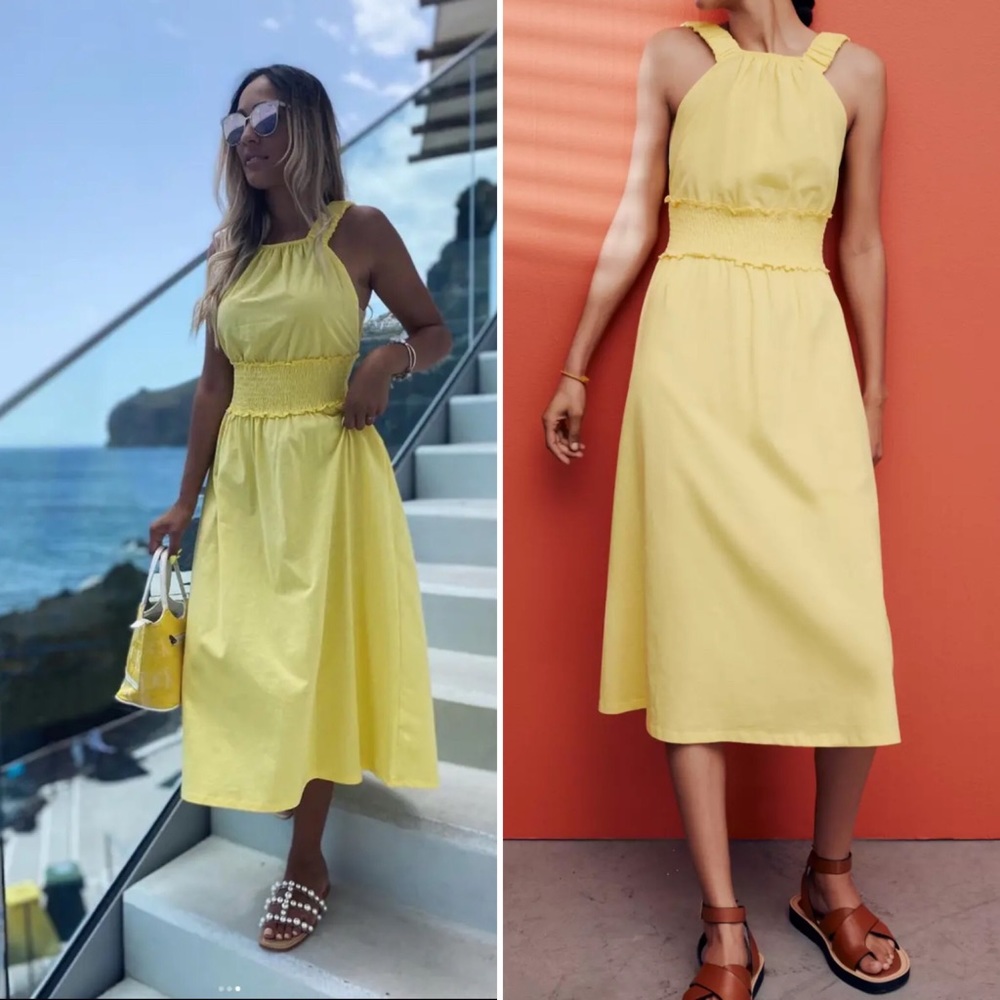 Zara Midi Dress Womens Small Yellow Smocked Empire Waist Open Back Sleeveless